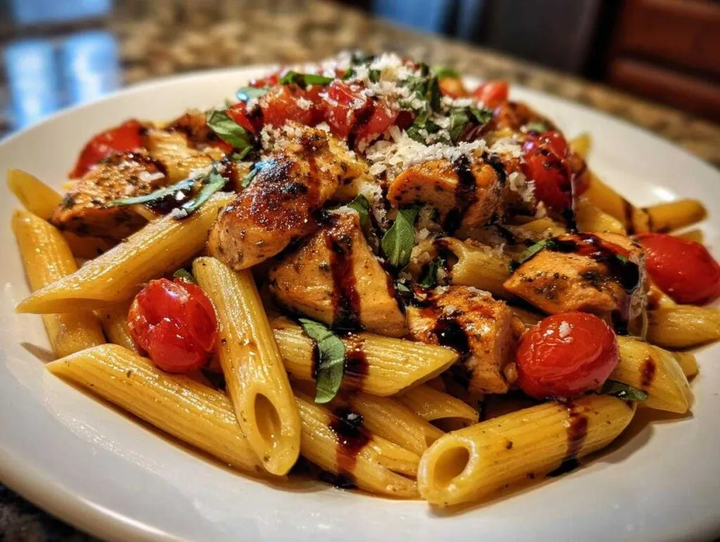 Close-up of a serving of bruschetta chicken pasta featuring penne, grilled chicken pieces, cherry tomatoes, and a balsamic drizzle.