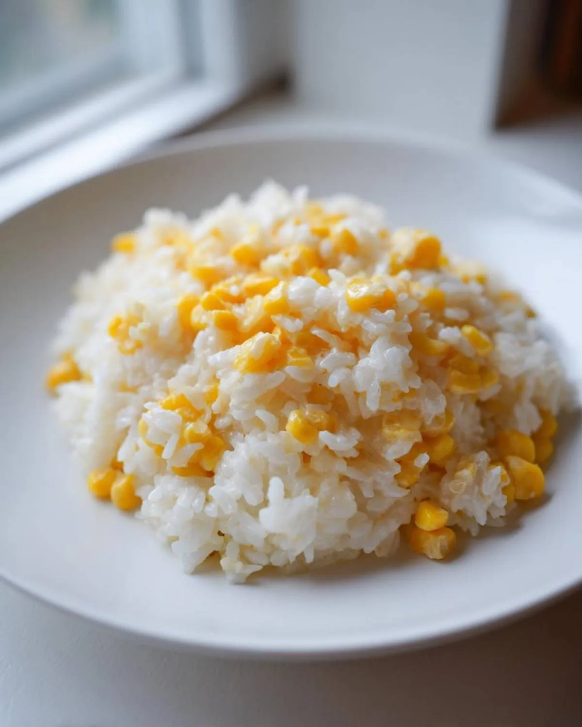 A close-up serving of fluffy white rice mixed with bright yellow kernels of buttered corn rice on a simple white plate.
