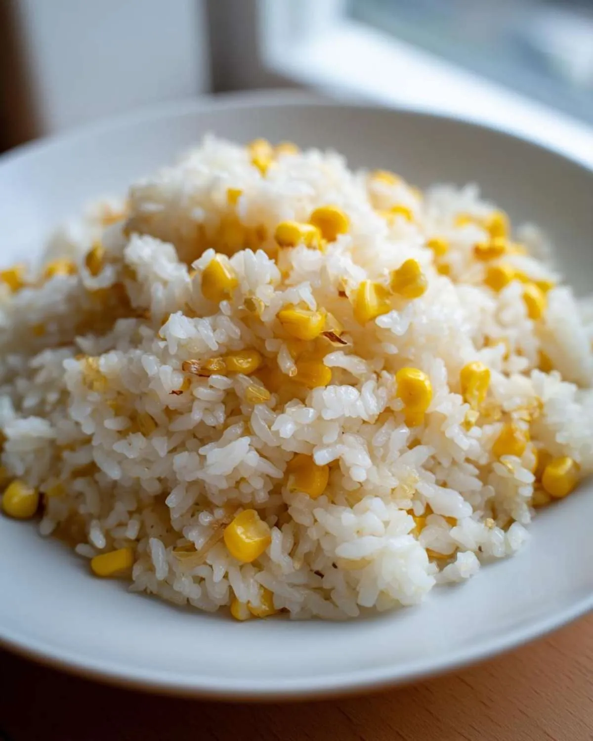 Close-up of a white bowl filled with fluffy buttered corn rice, featuring bright yellow corn kernels.