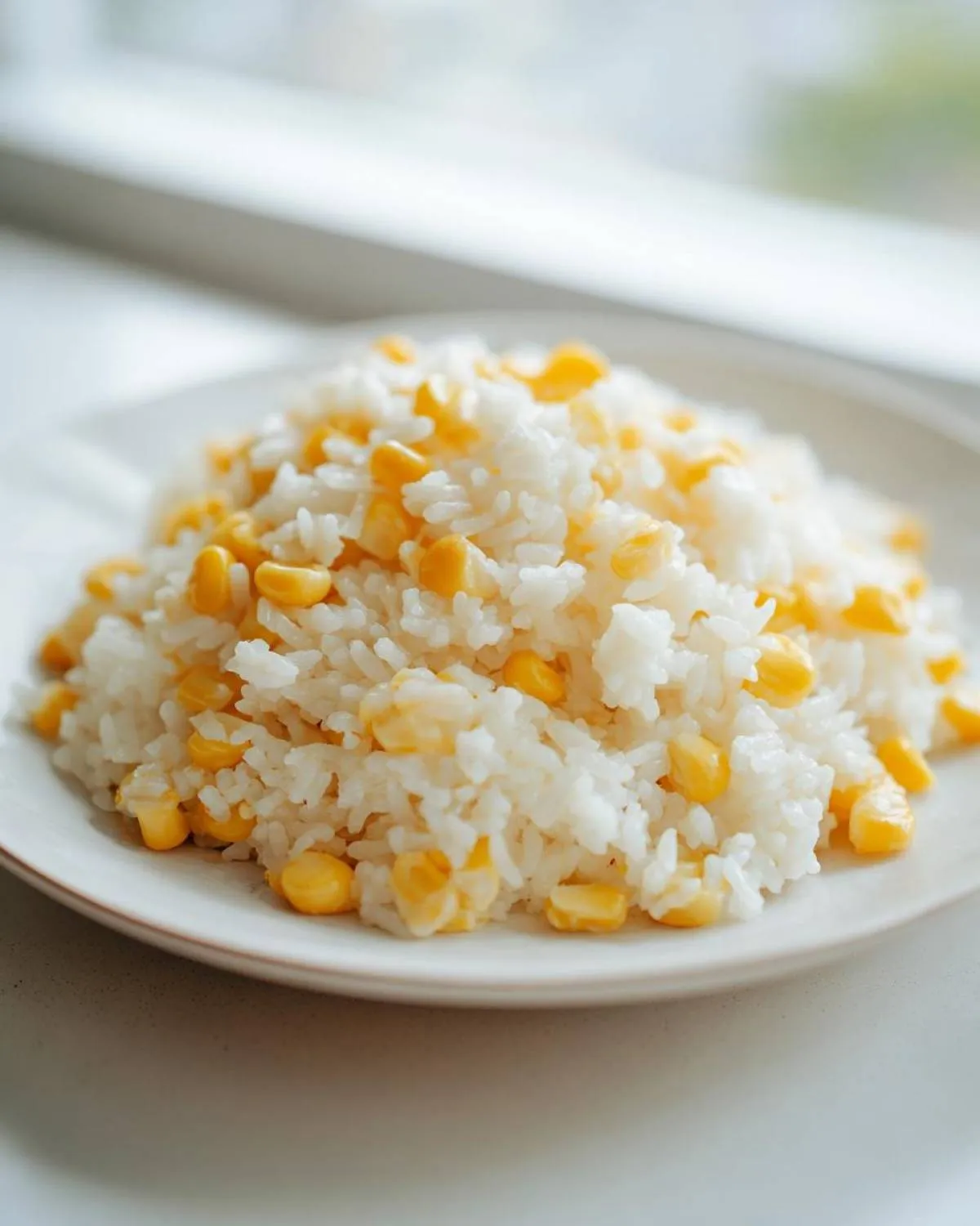 A mound of fluffy white rice mixed generously with bright yellow corn kernels, served on a white plate, showcasing the buttered corn rice.