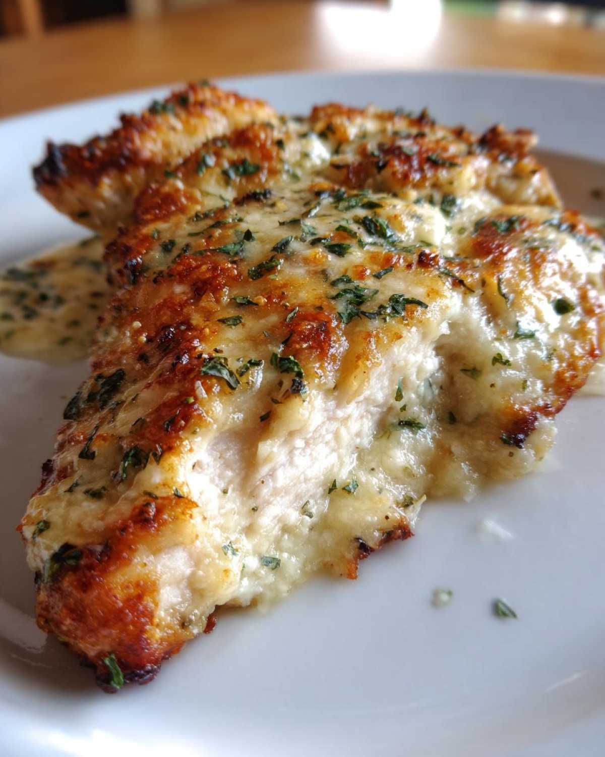 Close-up of a juicy, baked caesar chicken breast topped with melted cheese and parsley.