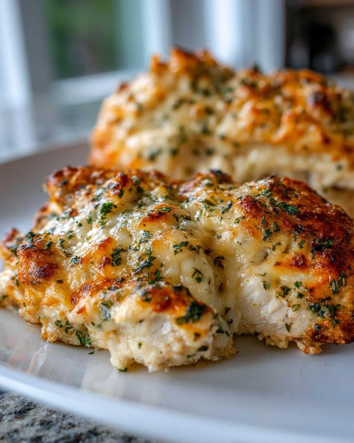 Close-up of a baked caesar chicken breast topped with melted, browned cheese and fresh parsley.