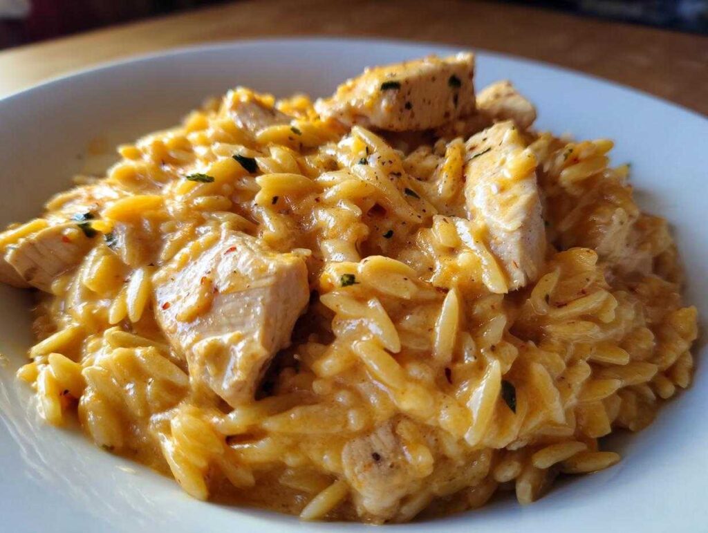 Close-up of creamy cajun chicken alfredo orzo pasta topped with seasoned chicken pieces in a white bowl.