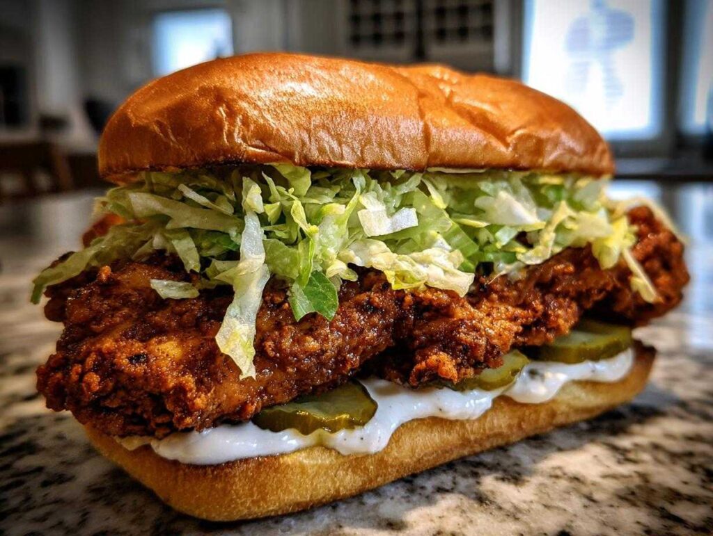 A close-up of a fully assembled cajun crispy chicken sandwich with garlic, featuring a thick piece of seasoned chicken, pickles, lettuce, and sauce on a toasted bun.