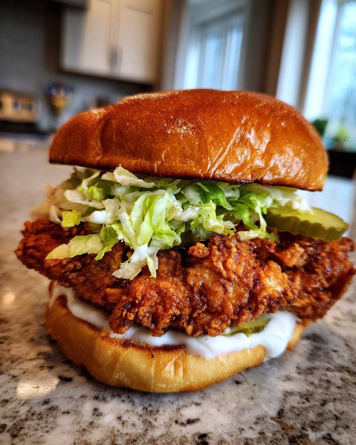 A juicy cajun crispy chicken sandwich with garlic sauce, lettuce, and pickles on a brioche bun.