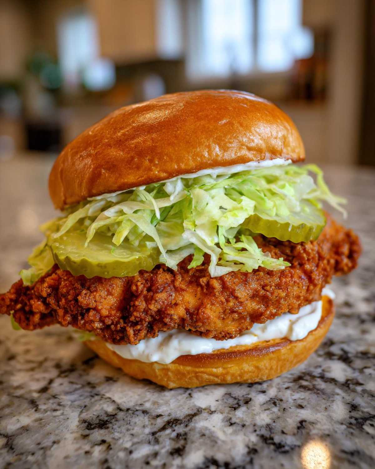 A perfectly assembled cajun crispy chicken sandwich with garlic sauce, pickles, and shredded lettuce on a brioche bun.