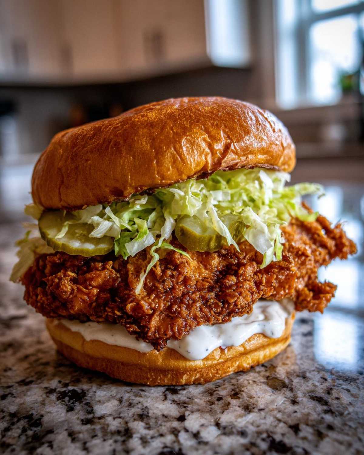 A towering cajun crispy chicken sandwich with garlic sauce, pickles, and shredded lettuce on a brioche bun.