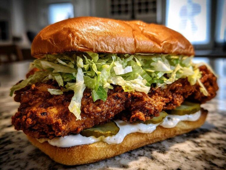 A close-up of a fully assembled cajun crispy chicken sandwich with garlic, featuring a thick piece of seasoned chicken, pickles, lettuce, and sauce on a toasted bun.