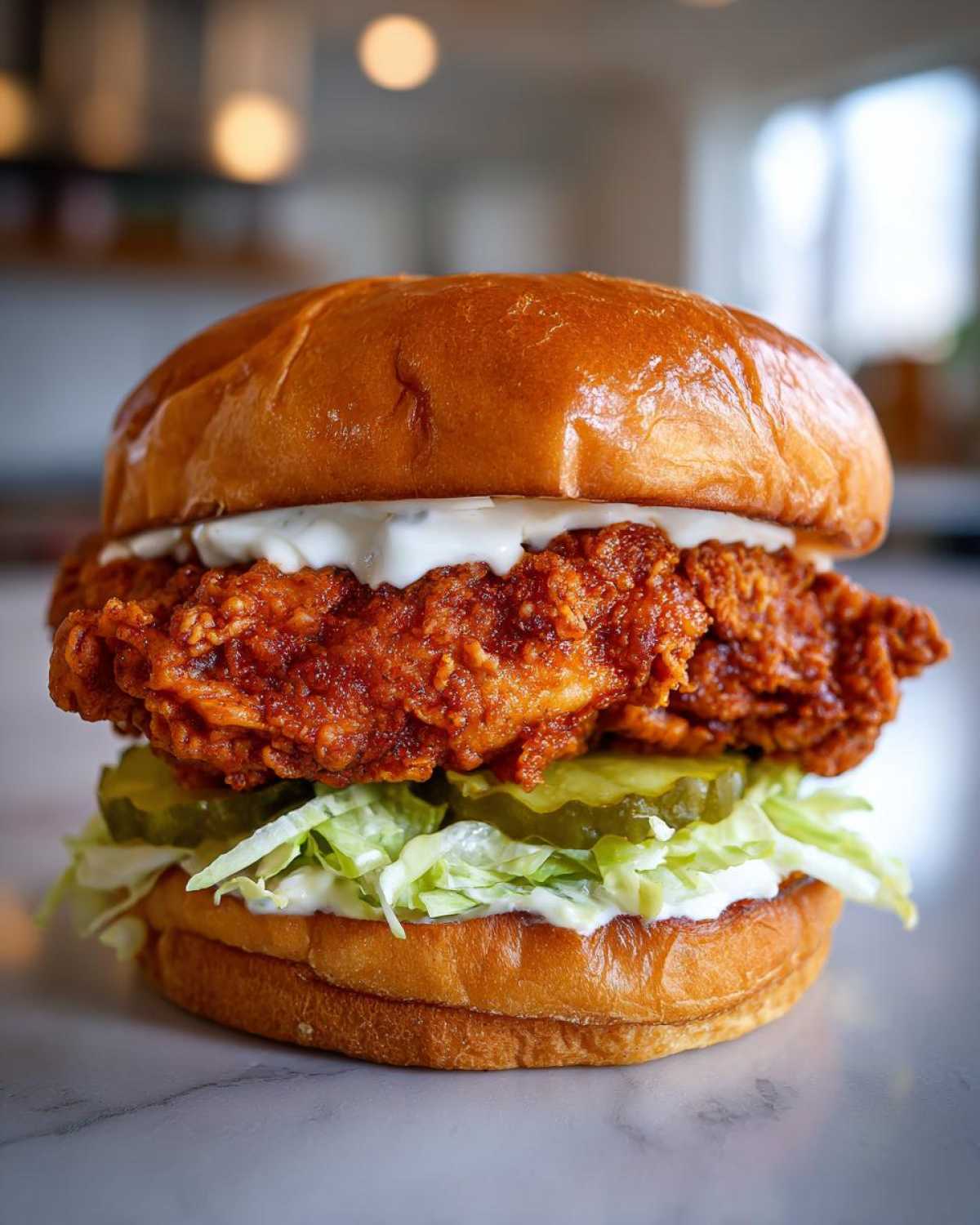 A close-up of a delicious cajun crispy chicken sandwich with garlic sauce, pickles, and lettuce on a brioche bun.