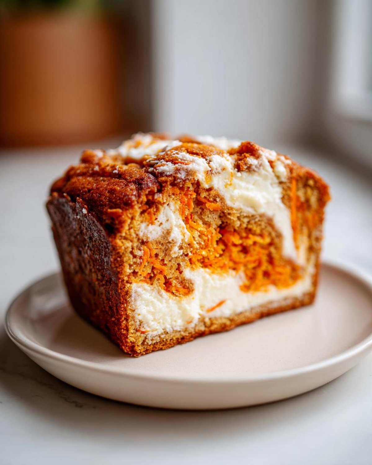 Close-up of a moist slice of carrot cake banana bread featuring visible shredded carrots and a rich cream cheese swirl.