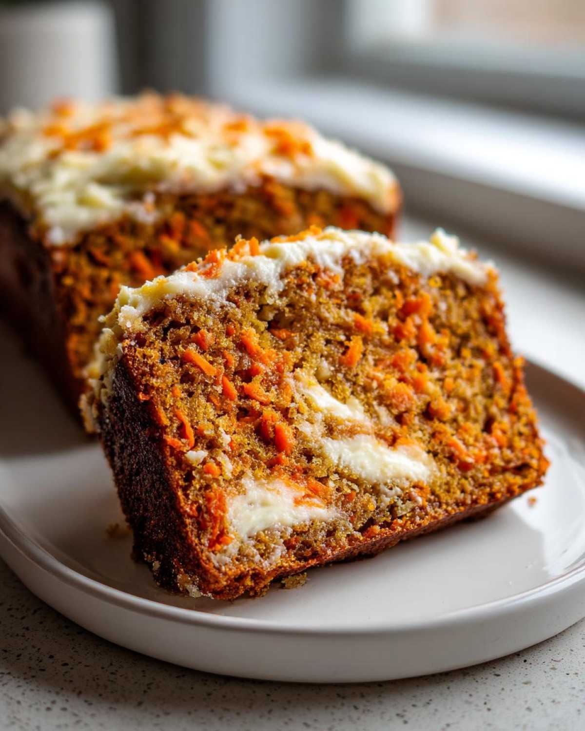Close-up of a thick slice of carrot cake banana bread featuring visible shredded carrots and a cream cheese swirl.