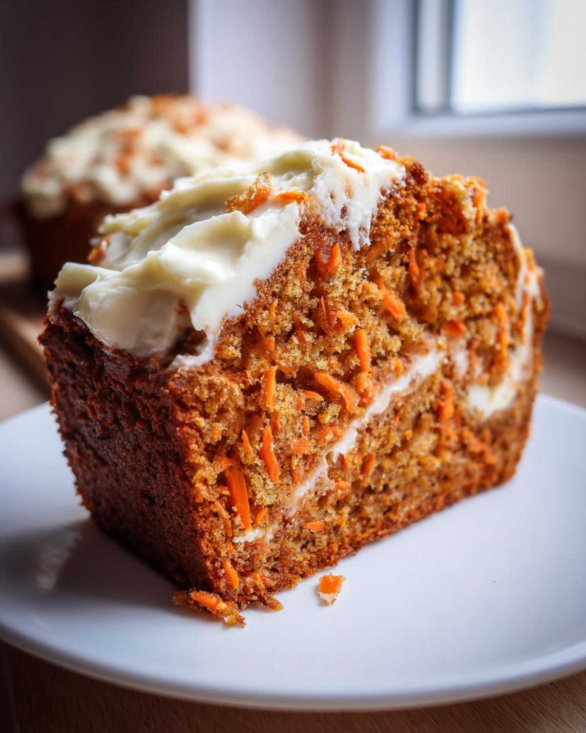 Close-up of a thick slice of carrot cake banana bread loaded with shredded carrots and topped with cream cheese frosting.