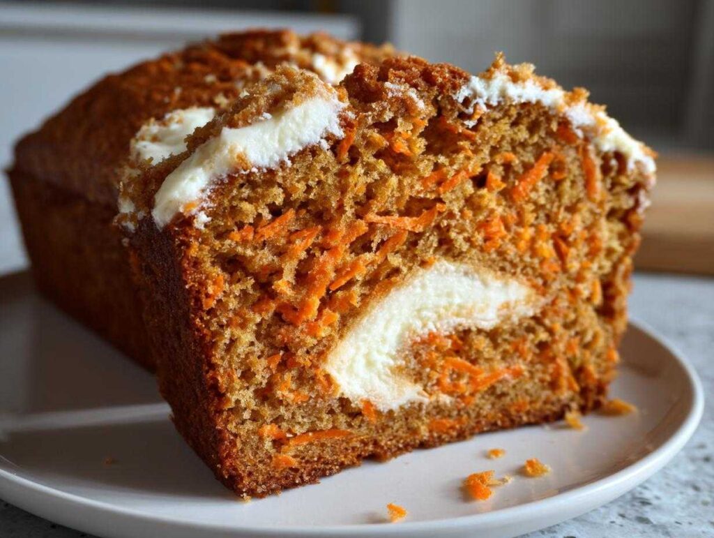 Cross-section of carrot cake banana bread showing shredded carrots and a cream cheese swirl filling.