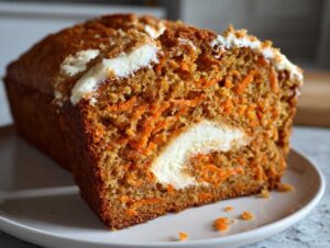 Cross-section of carrot cake banana bread showing shredded carrots and a cream cheese swirl filling.