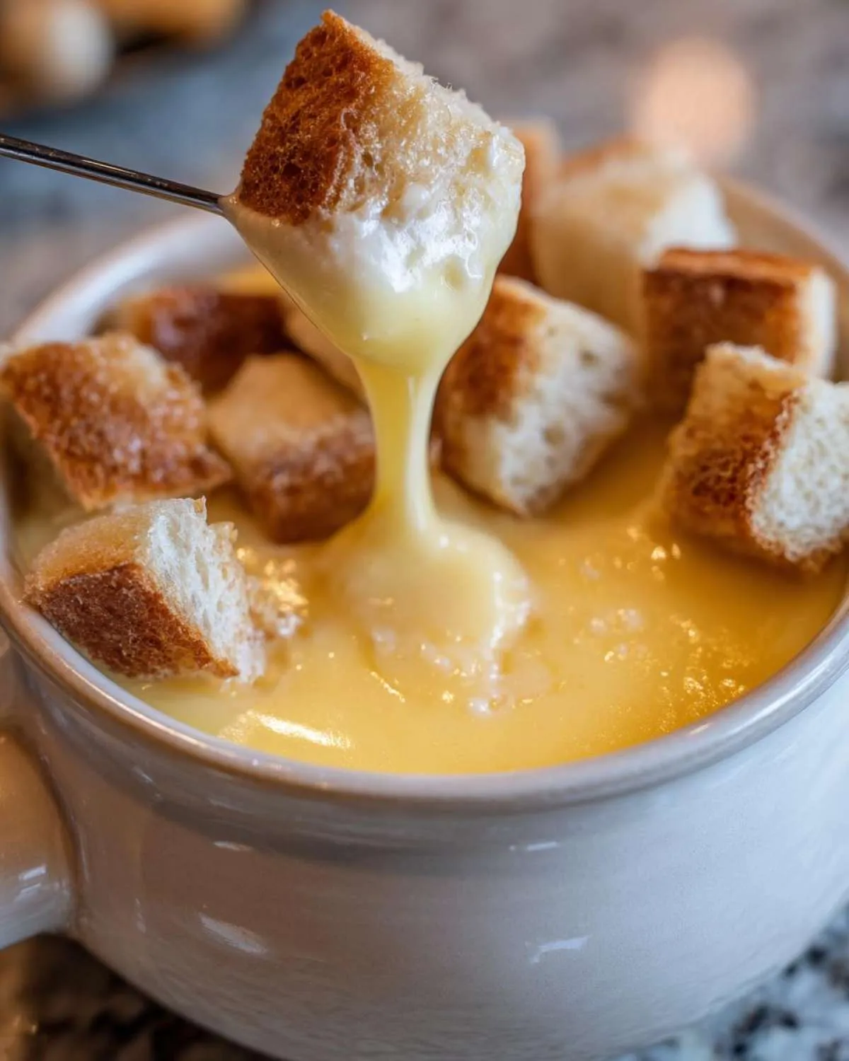 A piece of toasted bread is dipped into a creamy, yellow cheese fondue recipe using a fondue fork.