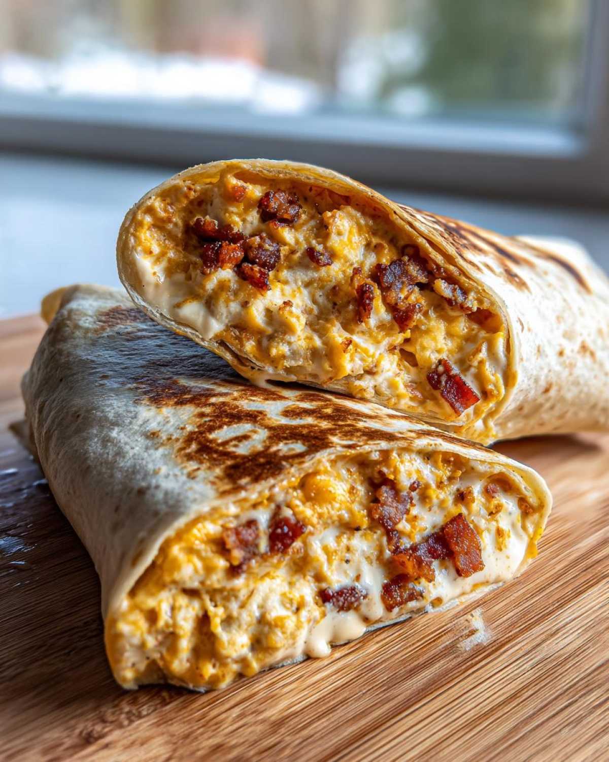 Close-up of cheesy bacon ranch wraps cut in half, showing creamy filling with bacon bits inside a toasted tortilla.