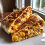 Two halves of a grilled cheesy bacon ranch wrap stacked, showing melted cheese, bacon bits, and creamy filling.