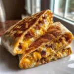 Two halves of a grilled cheesy bacon ranch wrap stacked, showing melted cheese, bacon bits, and creamy filling.