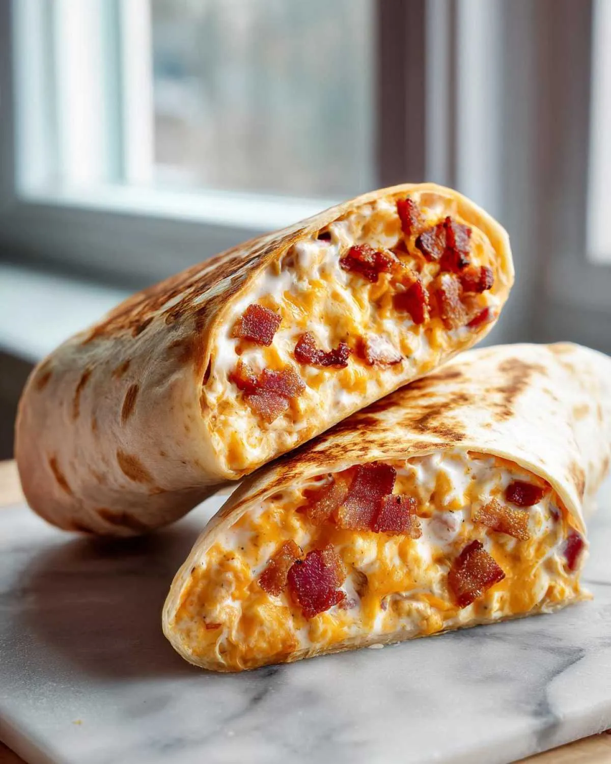 Two halves of a cheesy bacon ranch wrap cut open, revealing a creamy filling with melted cheese and crispy bacon bits.