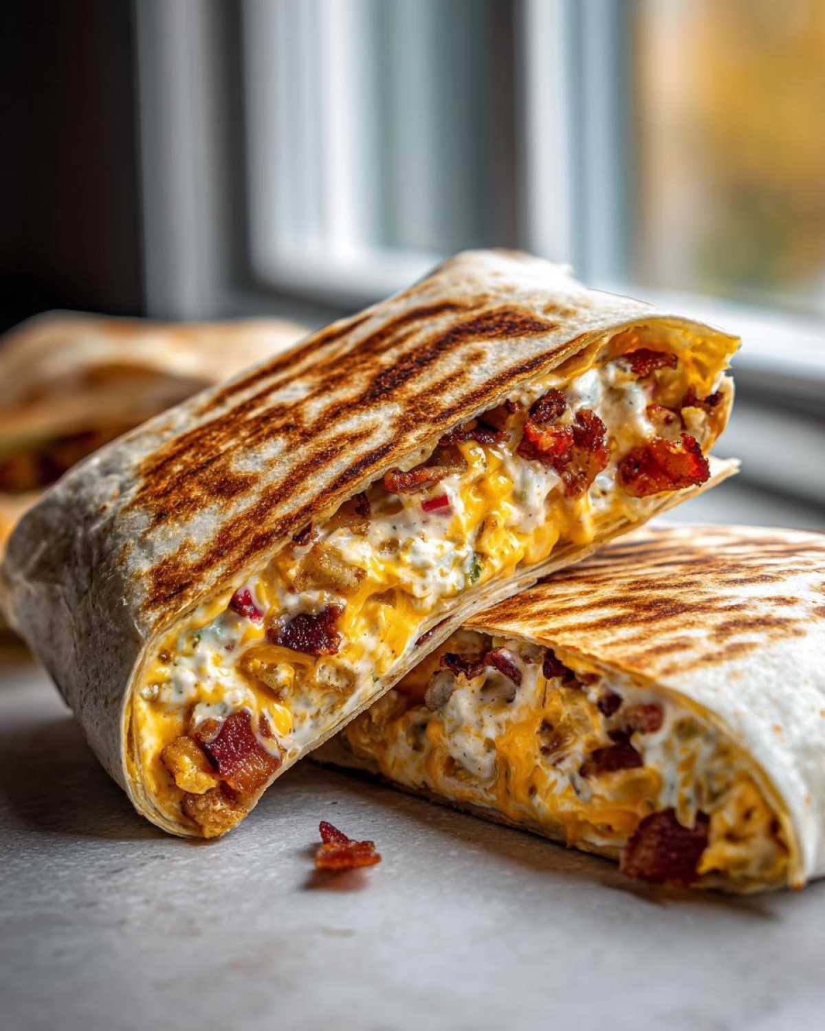 Close-up of cheesy bacon ranch wraps cut in half, showing melted cheese, bacon, and creamy filling.