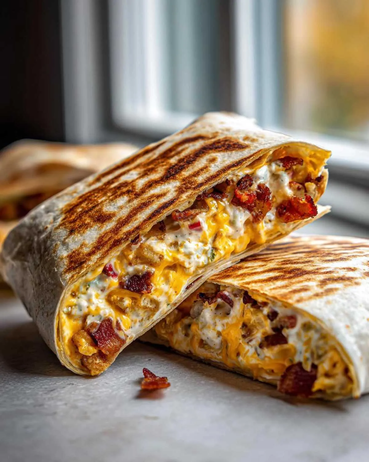 Close-up of cheesy bacon ranch wraps cut in half, showing melted cheese, bacon, and creamy filling.