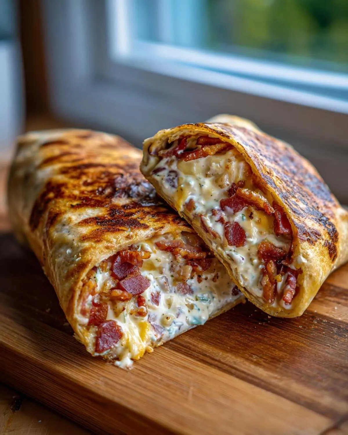 A grilled wrap, cut in half, revealing a creamy filling packed with bacon and cheese for amazing cheesy bacon ranch wraps.