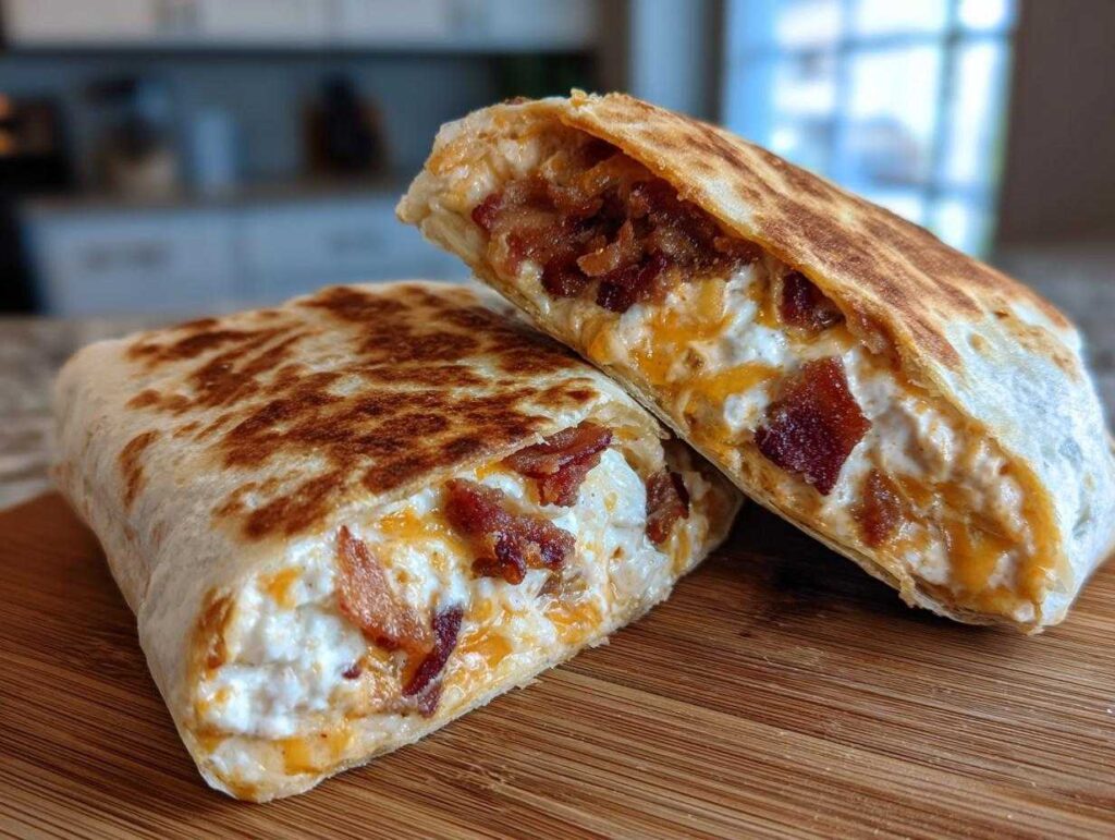 Two halves of a grilled cheesy bacon ranch wrap, showing the creamy filling with bacon and melted cheese.