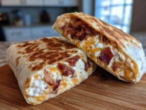 Two halves of a grilled cheesy bacon ranch wrap, showing the creamy filling with bacon and melted cheese.