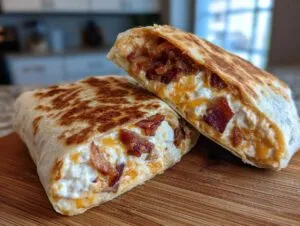 Two halves of a grilled cheesy bacon ranch wrap, showing the creamy filling with bacon and melted cheese.