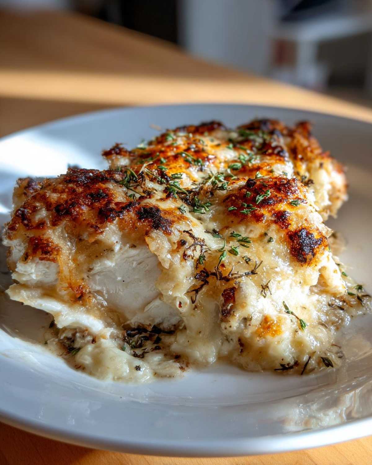 Close-up of a baked caesar chicken breast topped with melted, browned cheese and herbs.