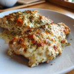Two baked caesar chicken breasts covered in melted, browned cheese and herbs on a white plate.