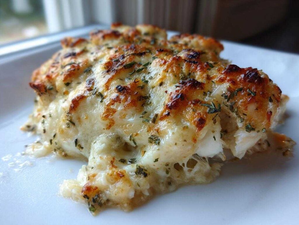 Close-up of baked caesar chicken topped with melted, browned cheese and herbs.