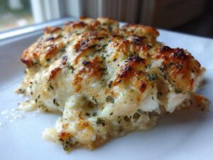 Close-up of baked caesar chicken topped with melted, browned cheese and herbs.