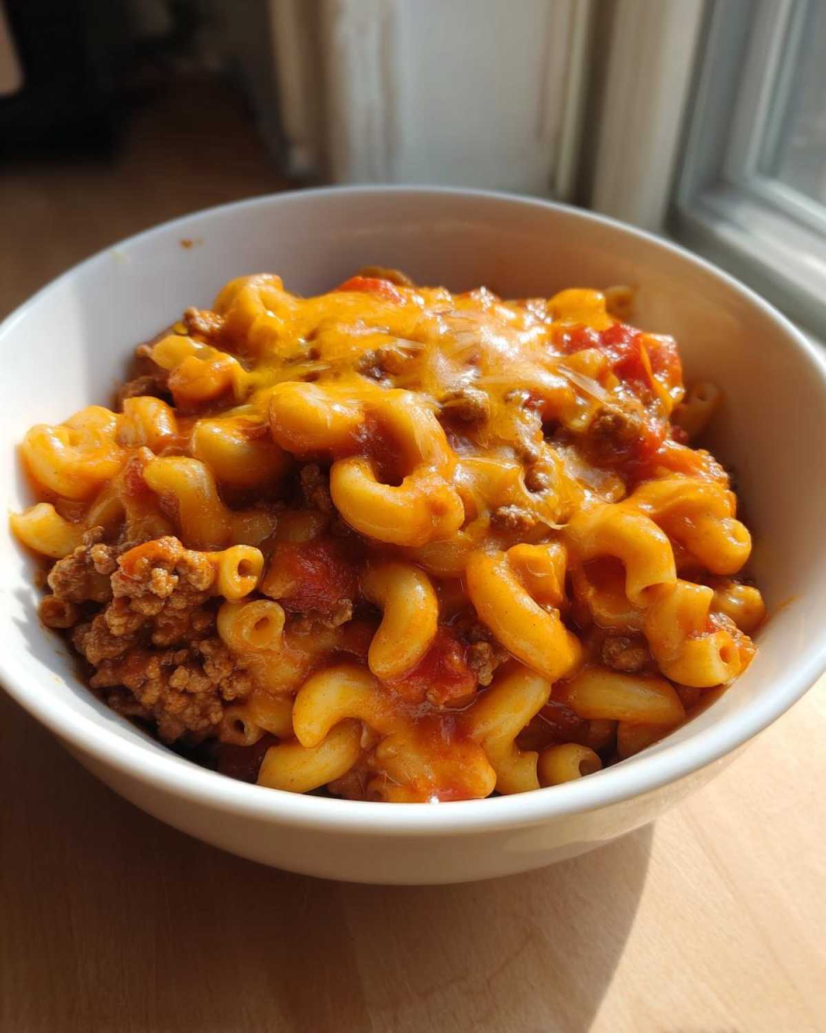 A close-up of a serving of cheesy ground beef goulash with elbow macaroni in a white bowl.