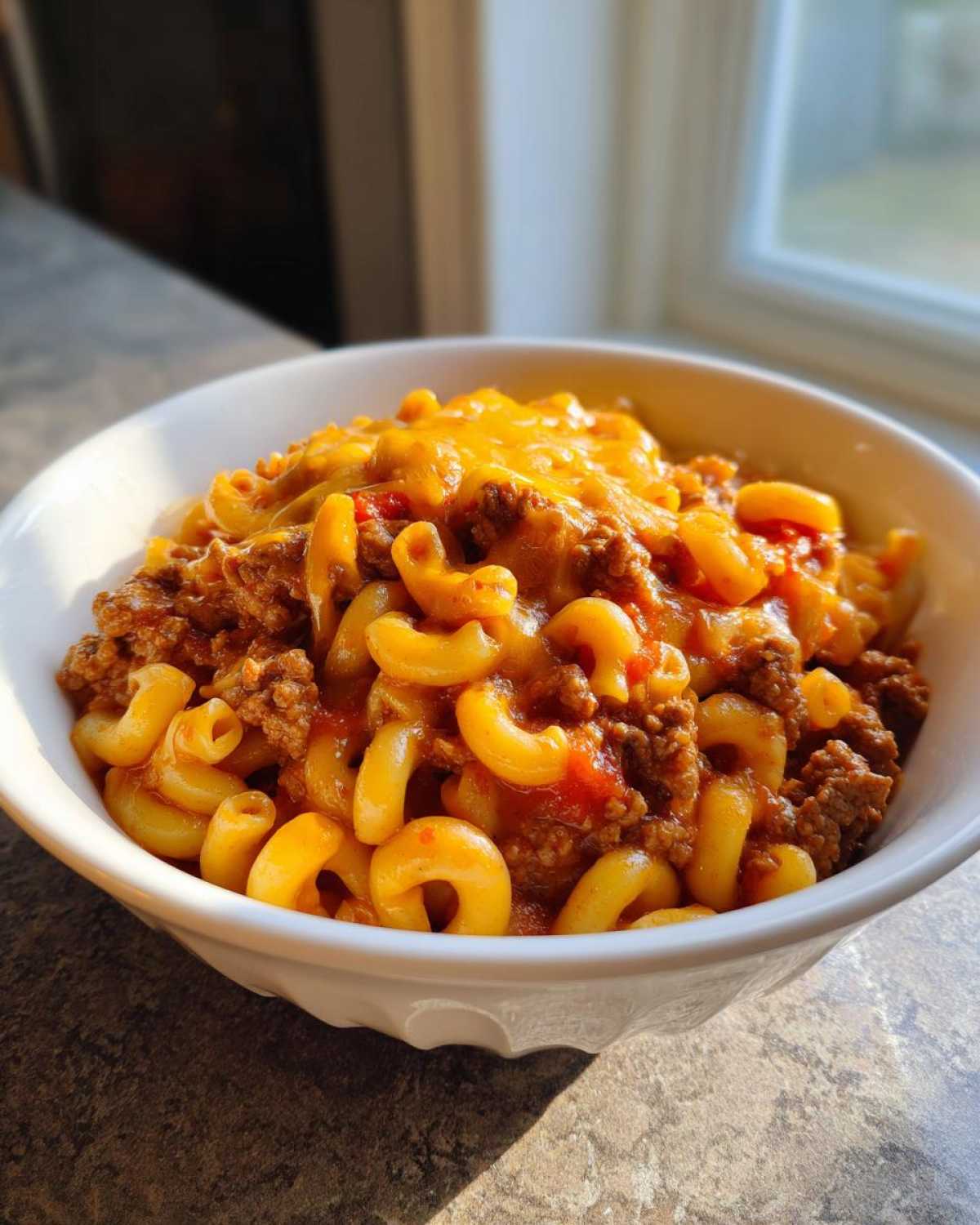 A white bowl filled with cheesy ground beef goulash mixed with elbow macaroni, served indoors near a window.