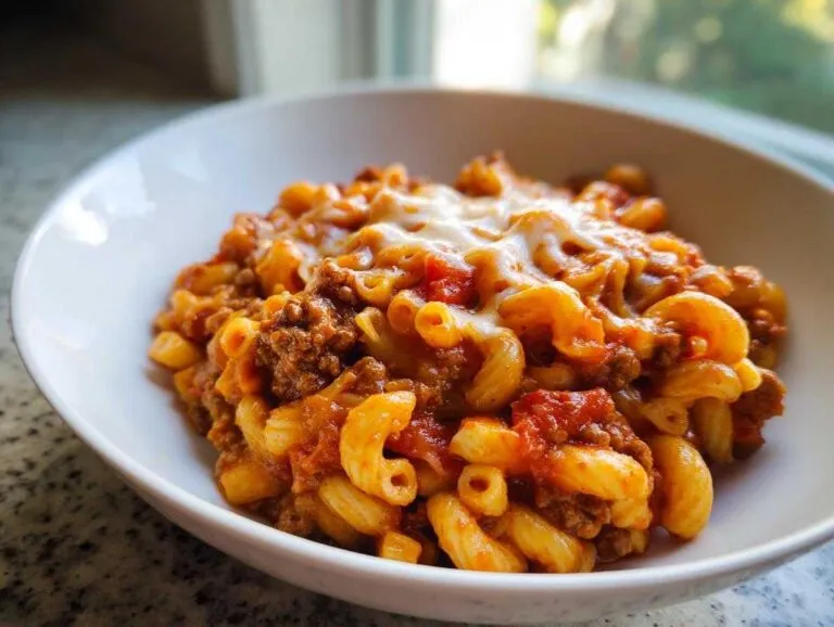 A close-up serving of rich ground beef goulash mixed with elbow macaroni and topped with melted white cheese.