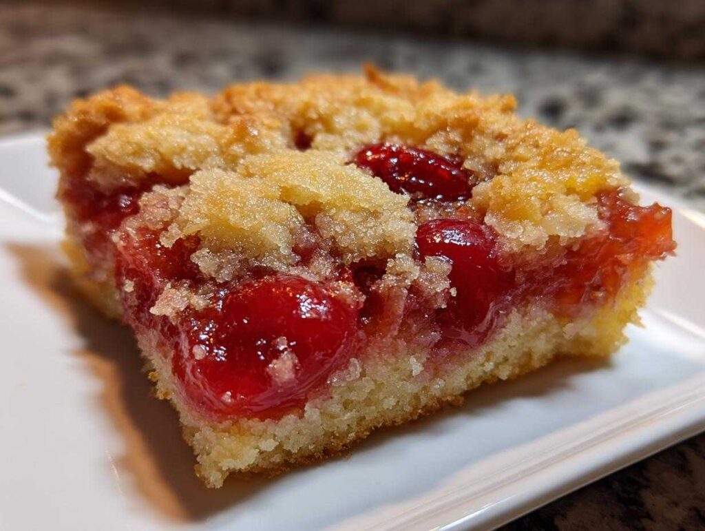 Close-up of a moist square slice of cherry pineapple dump cake showing bright red cherries and a golden crumb topping.