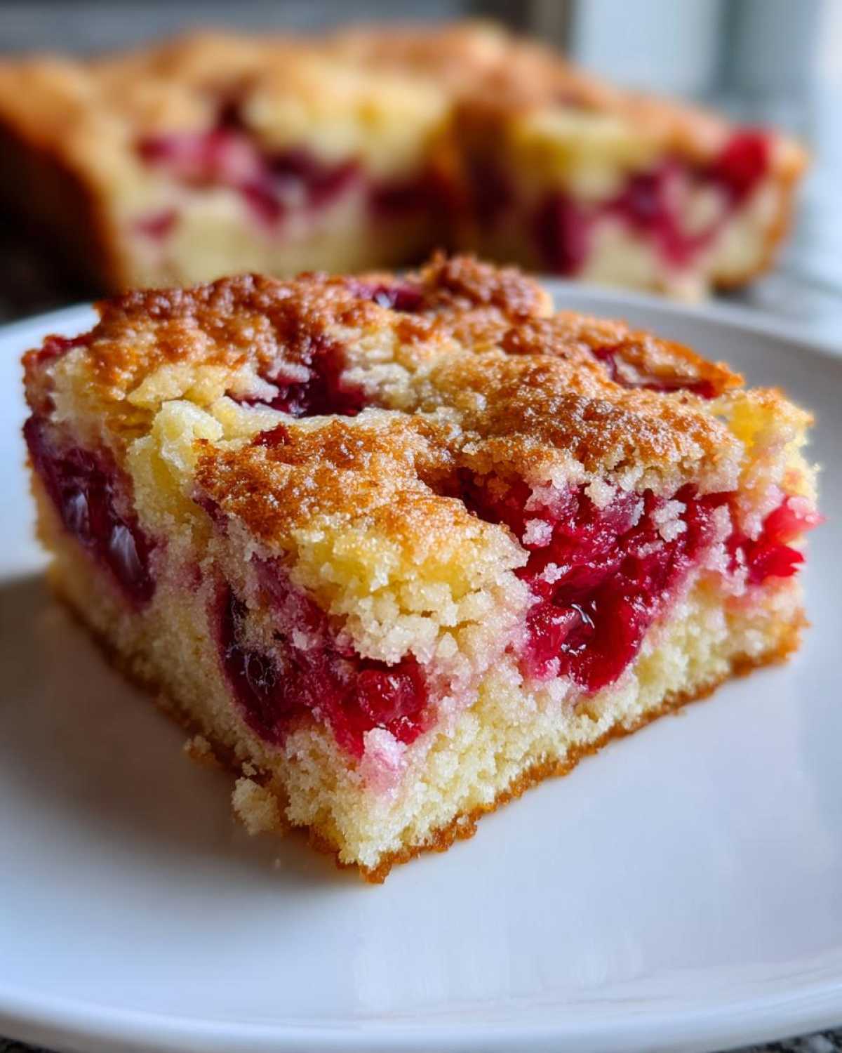 Close-up of a moist slice of cherry pineapple dump cake showing bright red fruit and a golden, sugary topping.
