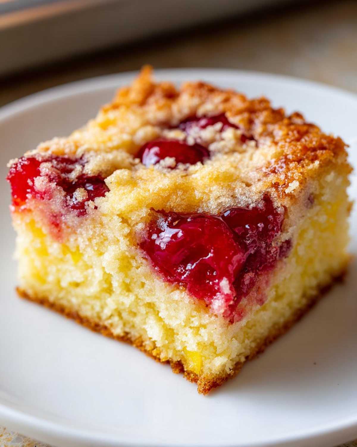 Close-up of a square slice of cherry pineapple dump cake showing moist yellow cake and bright red cherry topping.