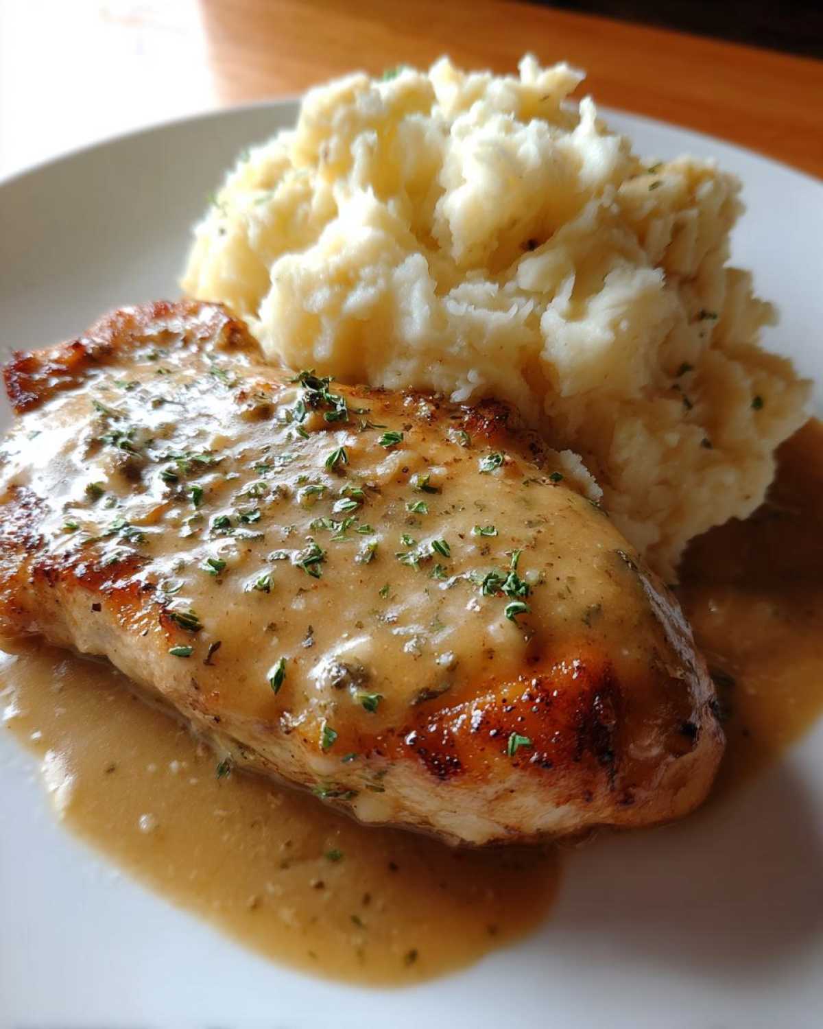 A close-up of pan-seared chicken breast smothered in garlic gravy next to a mound of cheesy mashed potatoes.