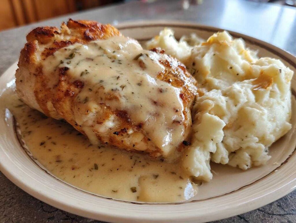 A golden-brown chicken breast covered in creamy chicken and garlic gravy served next to fluffy cheesy mashed potatoes.