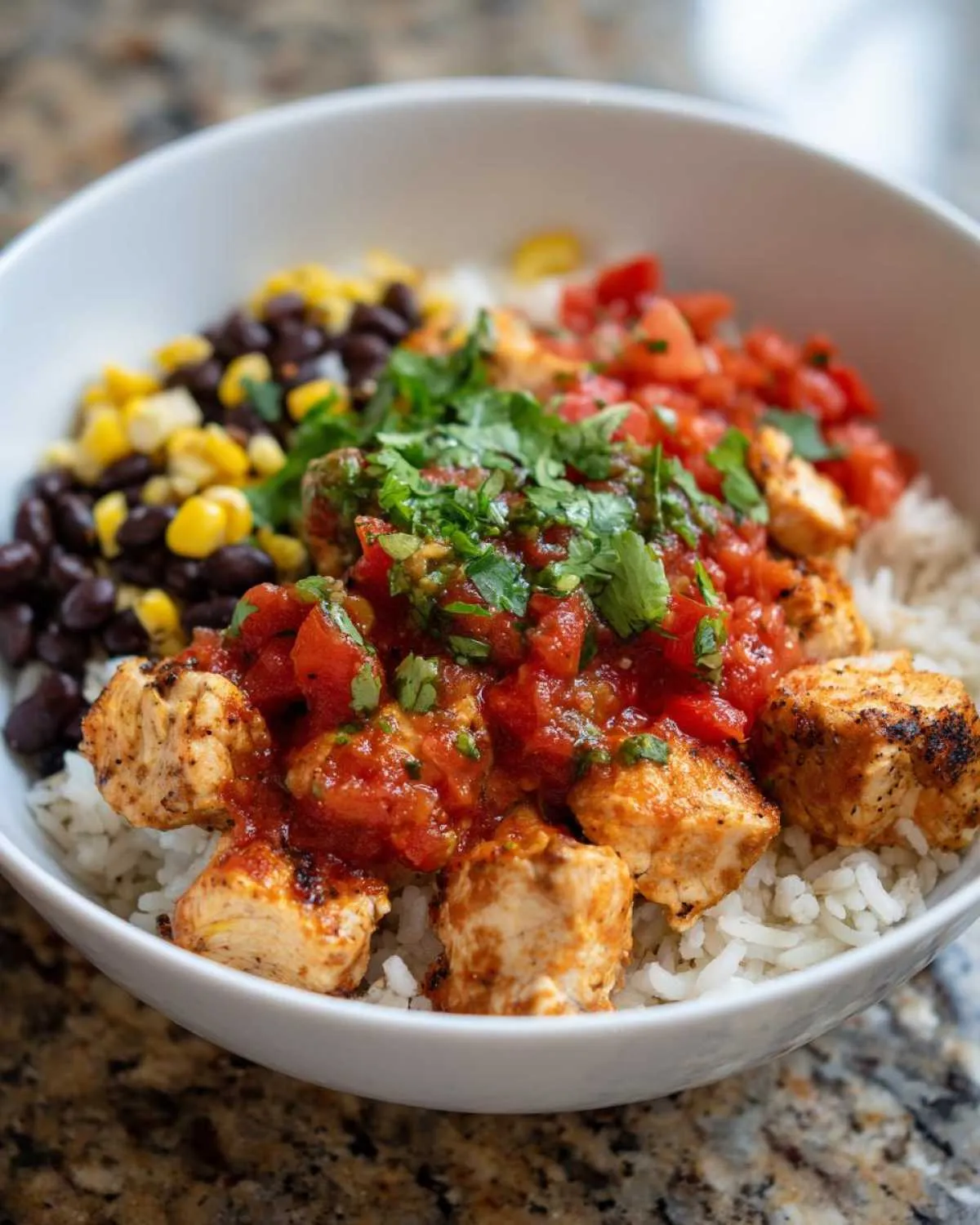 A close-up view of a white bowl filled with a chicken burrito bowl, featuring seasoned chicken, rice, black beans, corn, salsa, and cilantro.