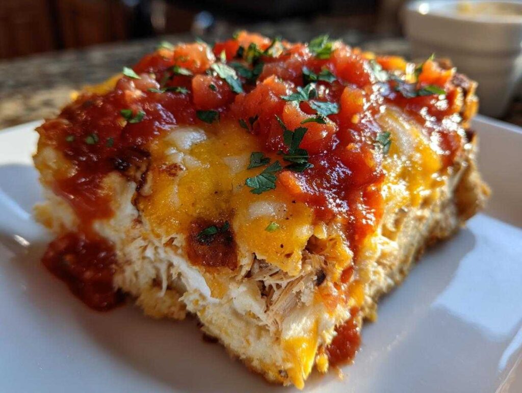 Close-up of a single serving of chicken burrito casserole topped with melted cheese, salsa, and cilantro.