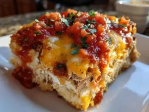 Close-up of a single serving of chicken burrito casserole topped with melted cheese, salsa, and cilantro.