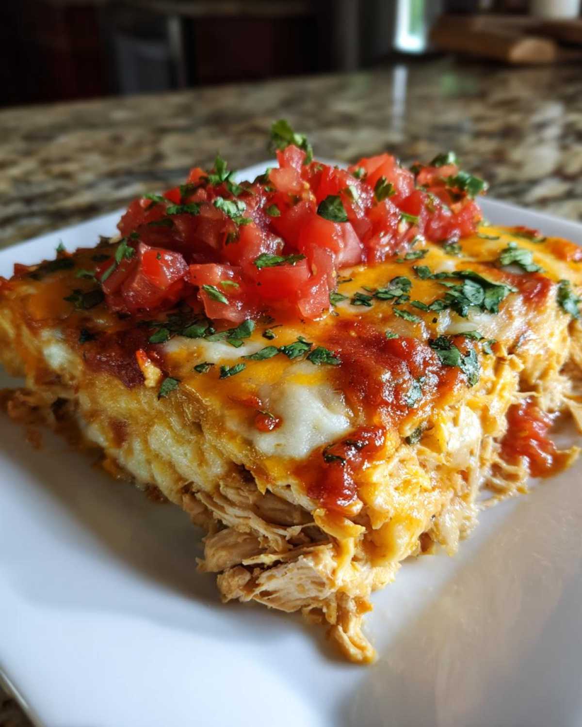 A close-up slice of cheesy chicken burrito casserole topped with melted cheese, red sauce, and fresh pico de gallo.