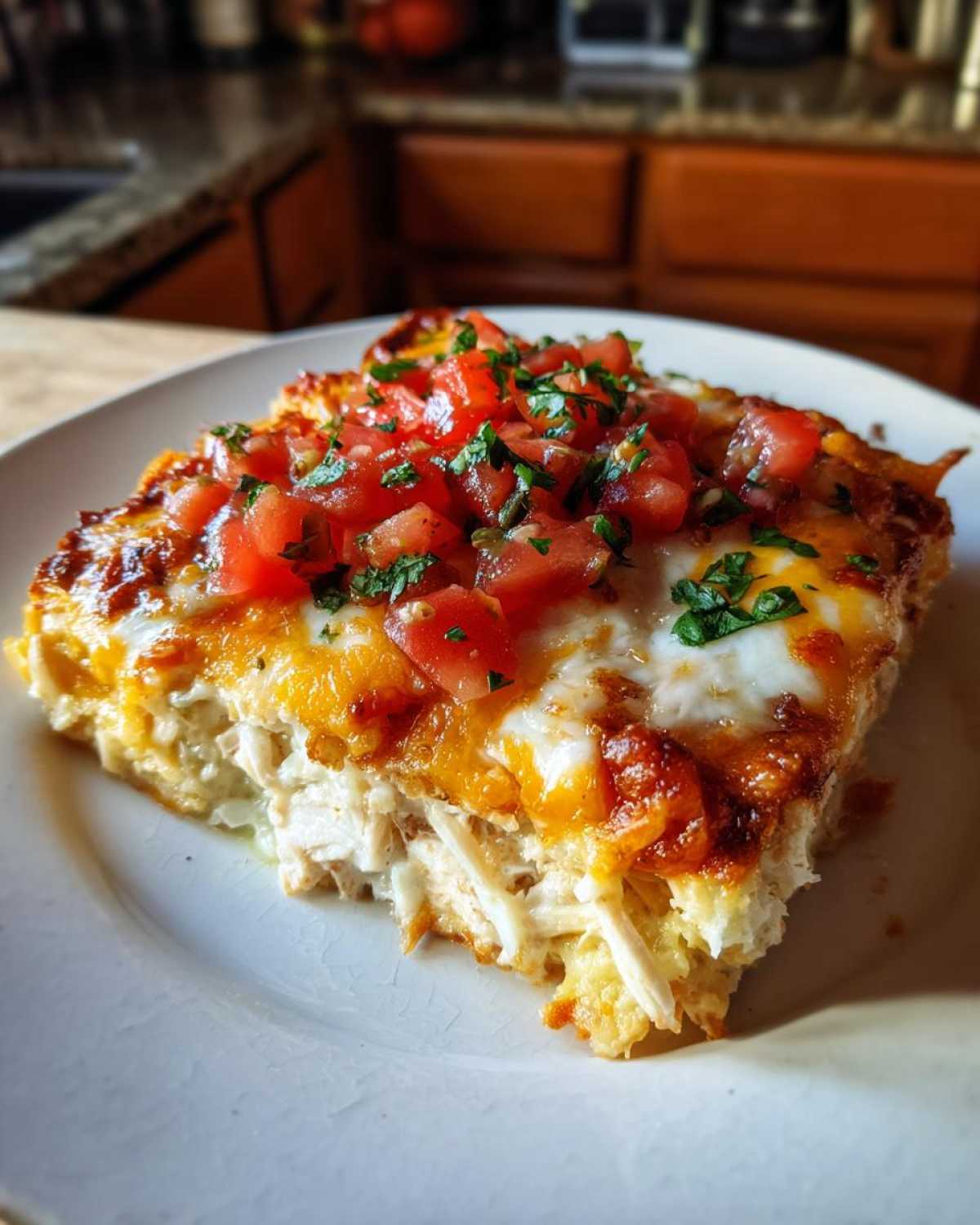 A square serving of cheesy chicken burrito casserole topped with fresh diced tomatoes and cilantro.