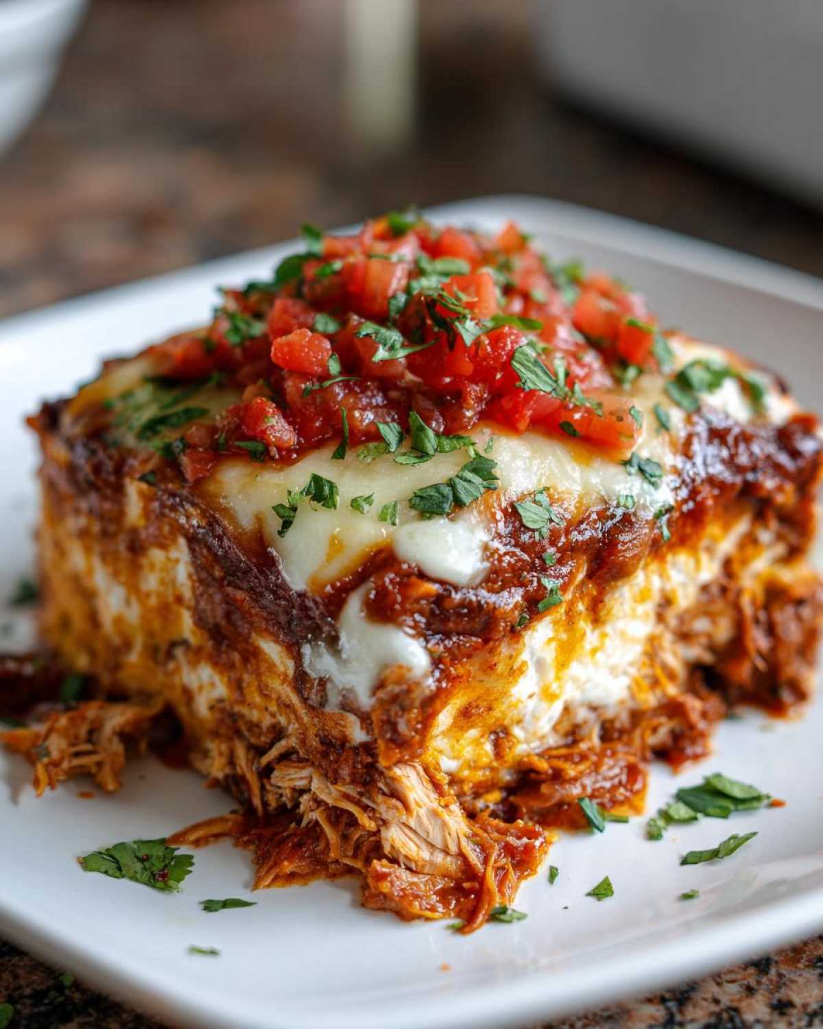 A close-up of a hearty slice of chicken burrito casserole topped with melted cheese, salsa, and cilantro.
