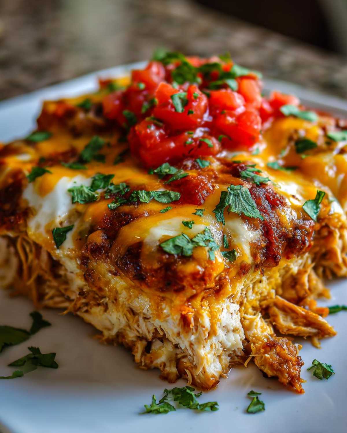 A close-up of a hearty slice of chicken burrito casserole topped with melted cheese, salsa, and fresh cilantro.