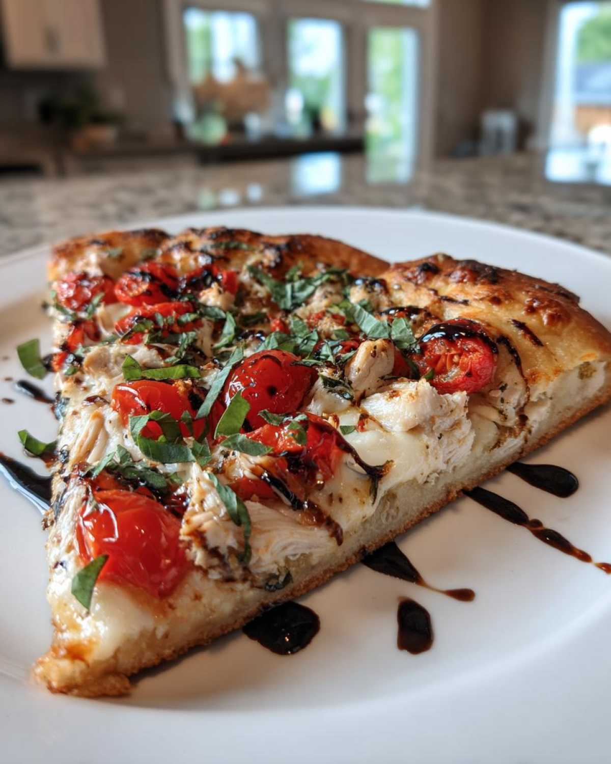 Close-up of a slice of chicken caprese flatbread topped with chicken, mozzarella, tomatoes, and basil, drizzled with balsamic glaze.