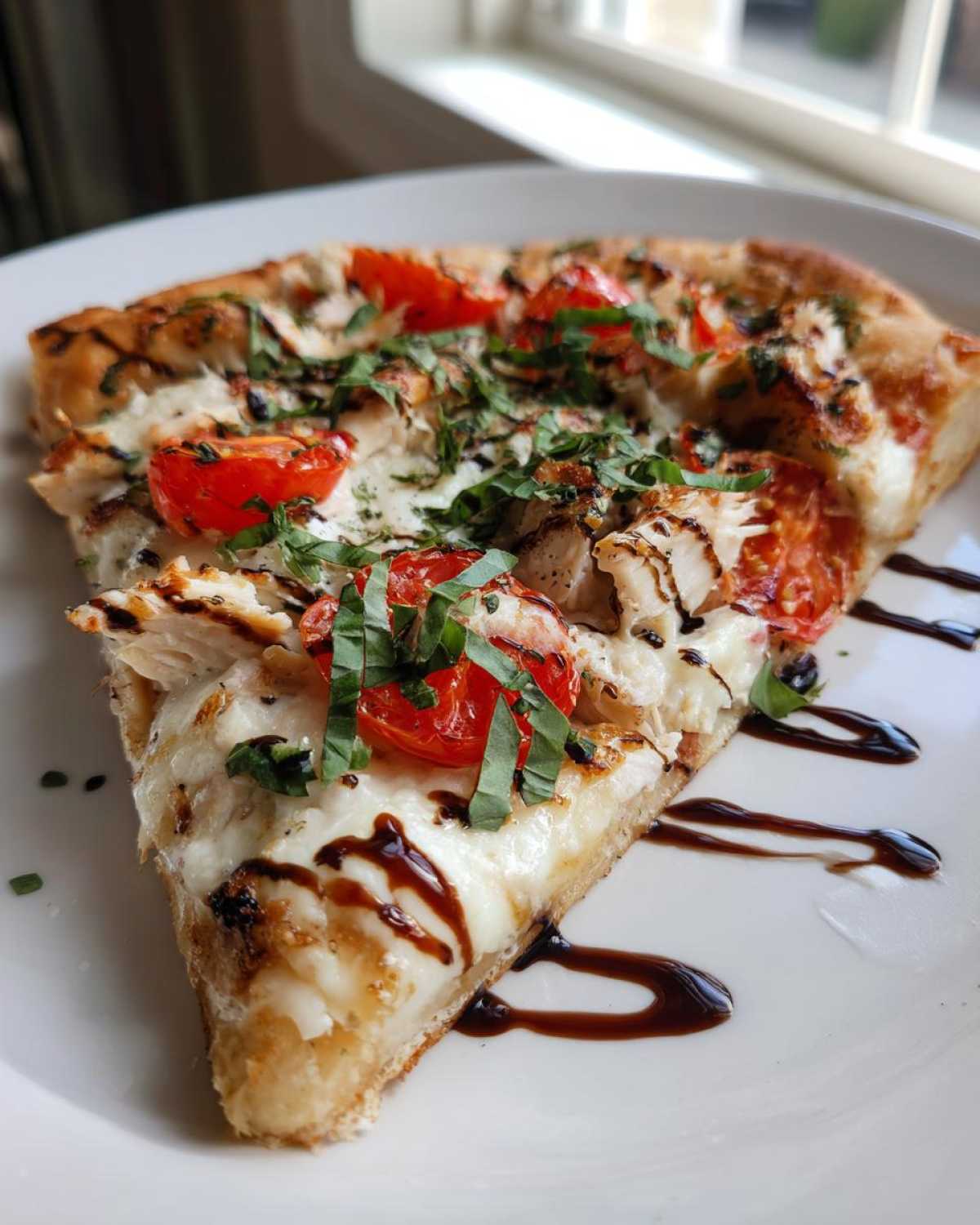 A close-up of one slice of chicken caprese flatbread topped with melted mozzarella, tomatoes, basil, and balsamic glaze.